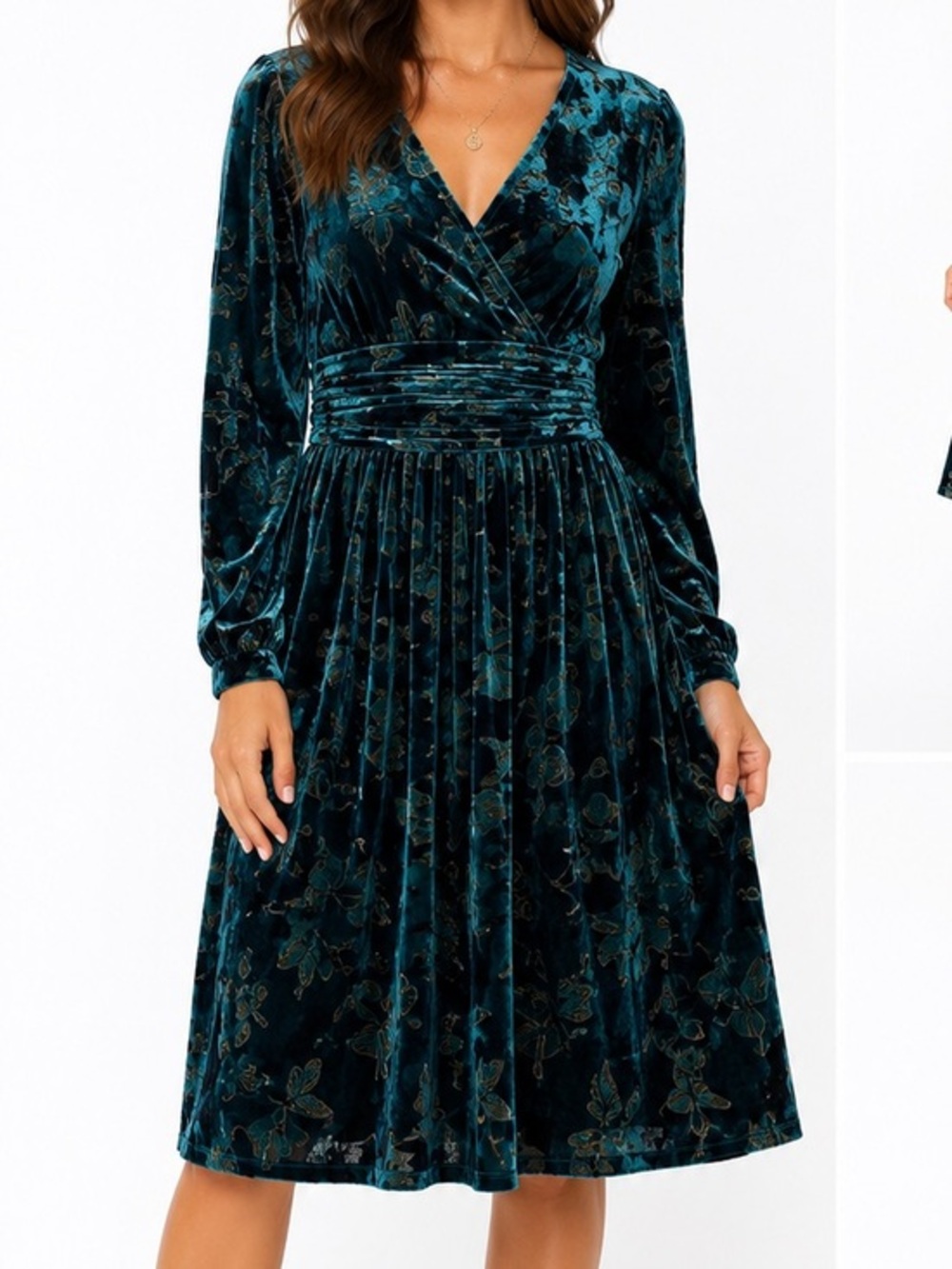 FatFace Teal Burnout Velvet Faux Wrap Dress Womens US 10 UK 14 Long Sleeve Midi